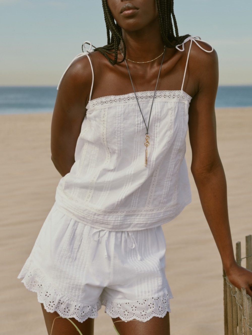 White Eyelet Tie-Shoulder Tank and Shorts SET